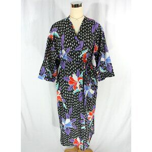 Vintage Keyloun Richard Sivley Floral Lillies Asian Kimono Robe Wrap M 1970s